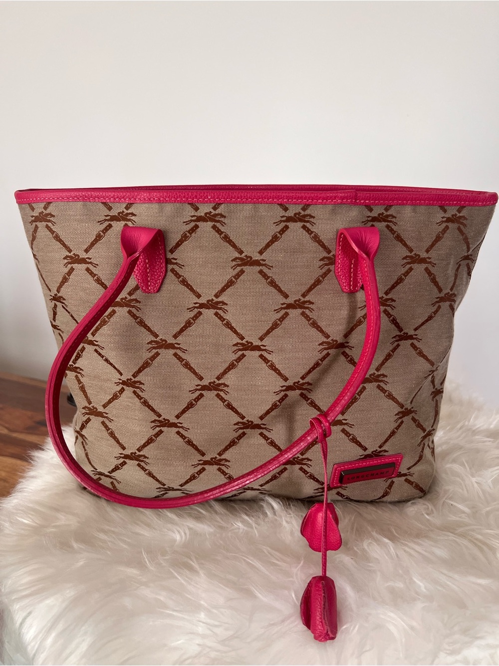 Longchamp Hot Pink Logo Tote with Brown Monogram Interior - Picture 4 of 5